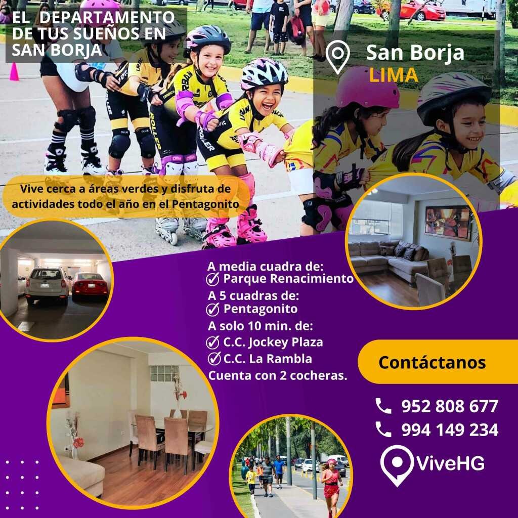 Lindo departamento en San Borja, muy cerca al Pentagonito y a media cuadra del parque Renacimiento.