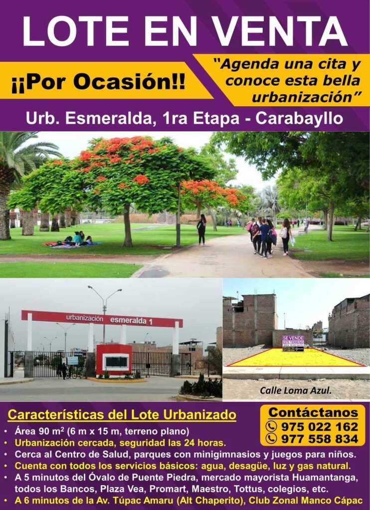 LOTE EN VENTA/ CARABAYLLO/ OCASIÓN