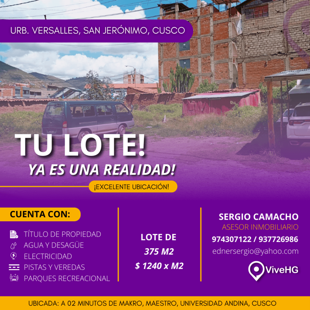 ¡Oportunidad! Terreno con muy buena ubicacion, en Urb. Versalles, San Jeronimo.