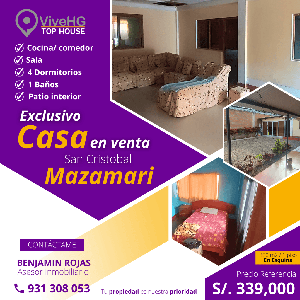 Se Vende Casa de 300 m² en esquina | Mazamari – San Cristóbal