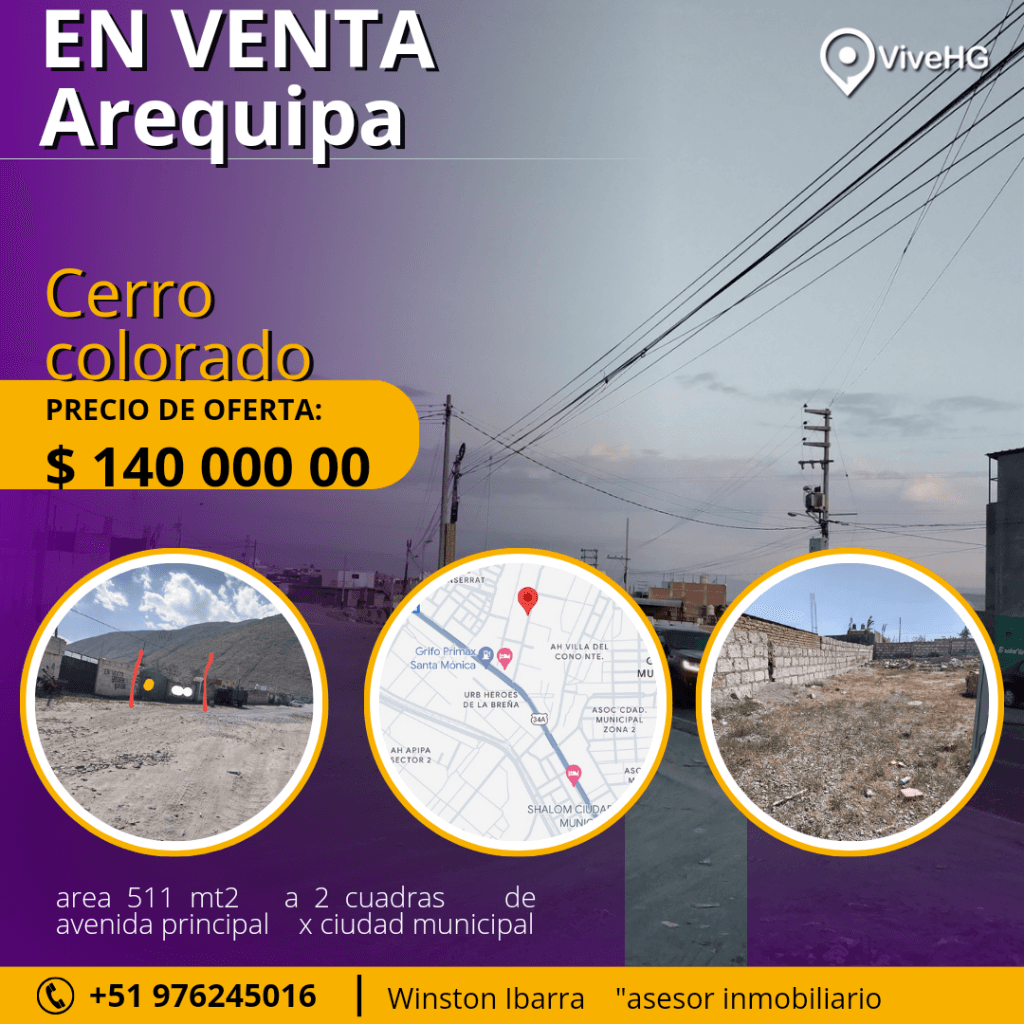 Se vende terreno de 511 MTS2 a 2 cuadras de avenida principal x ciudad municipal arequipa