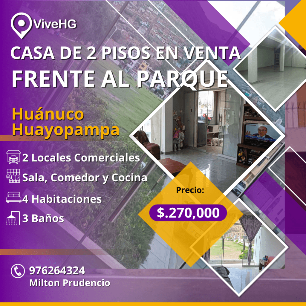 Casa de 2 pisos frente al parque, Huayopampa, Huánuco