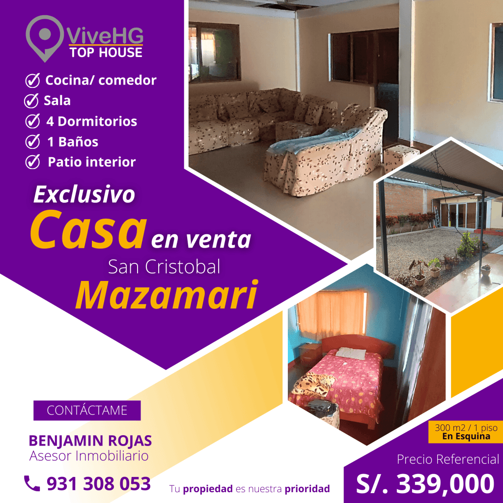 Se Vende Casa de 300 m² en esquina | Mazamari – San Cristóbal